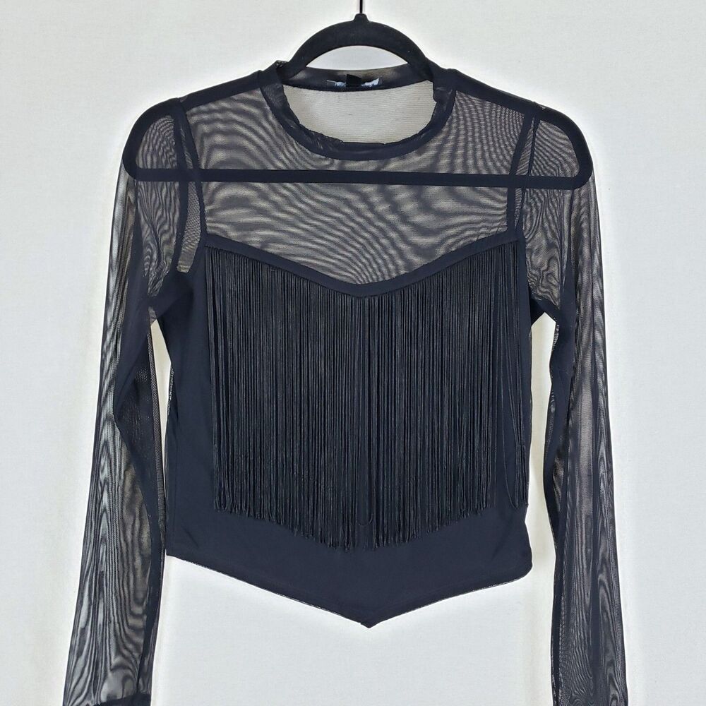 Moa Moa Fringe Top Womens M Black Micro Mesh Tee Long Sleeve Concert Night Out